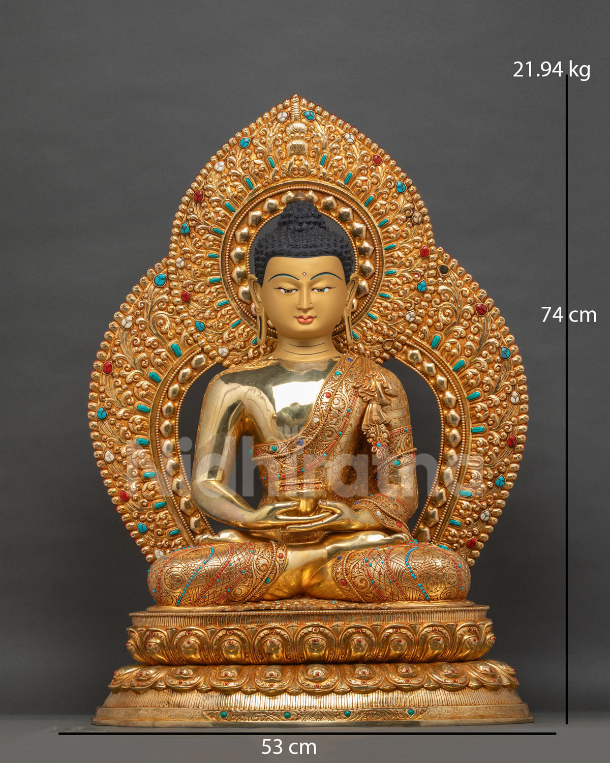 Amitabha Buddha Statue front view, gold-gilded copper with lotus pedestal and halo
