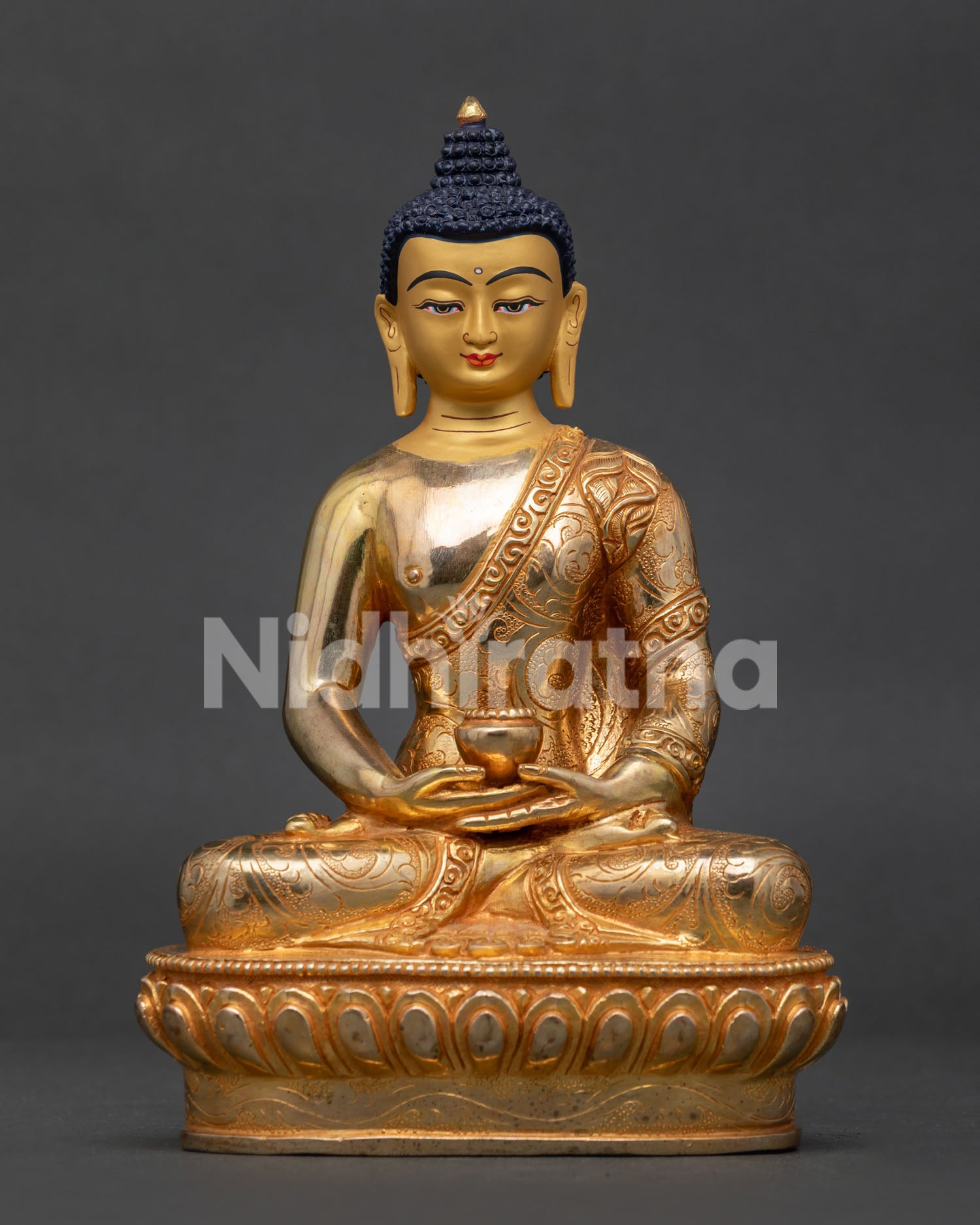Amitabha Buddha Statue front view with 24K gold gilded copper and serene gold painted face