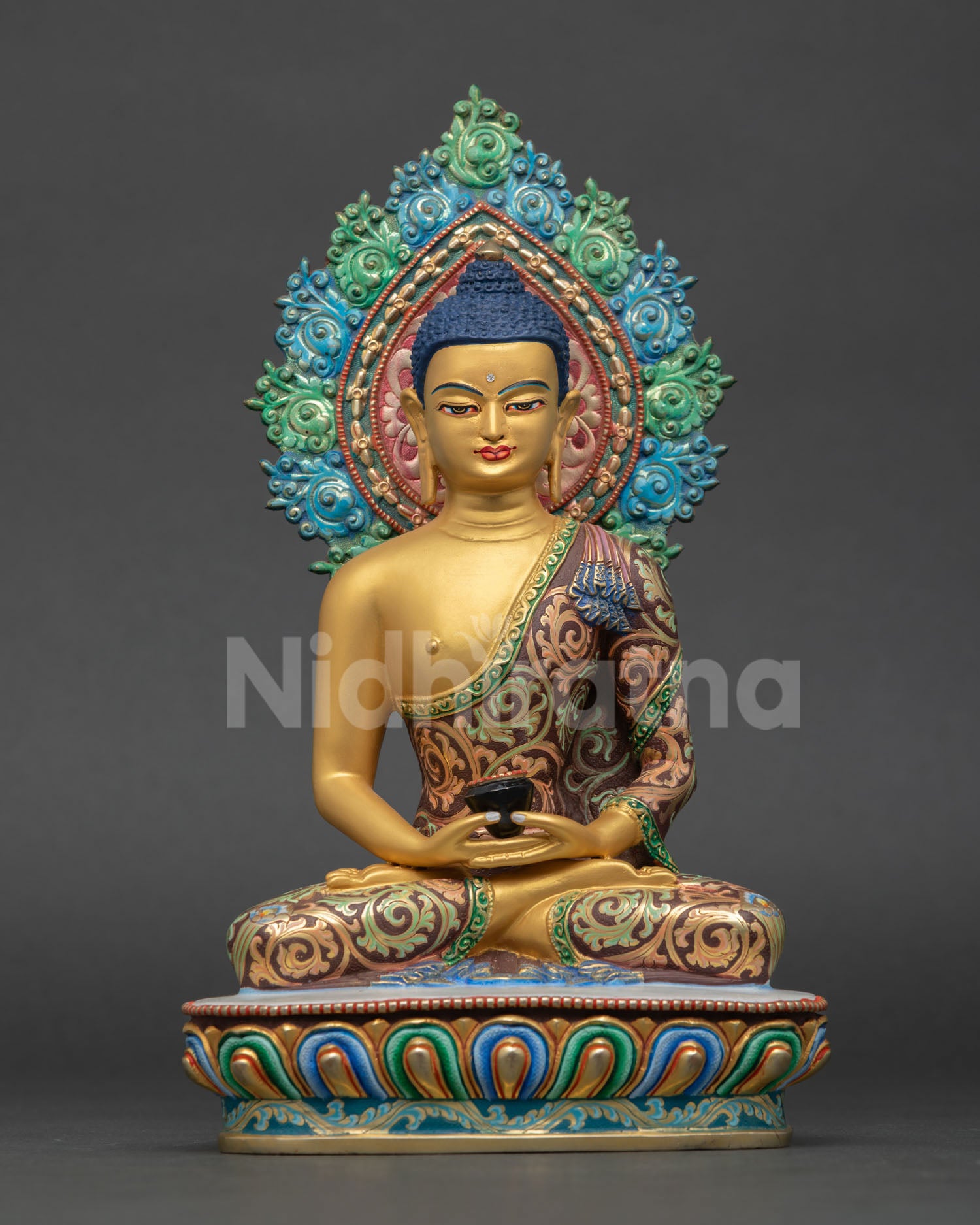 Amitabha Buddha statue front view with vibrant acrylic colors and halo