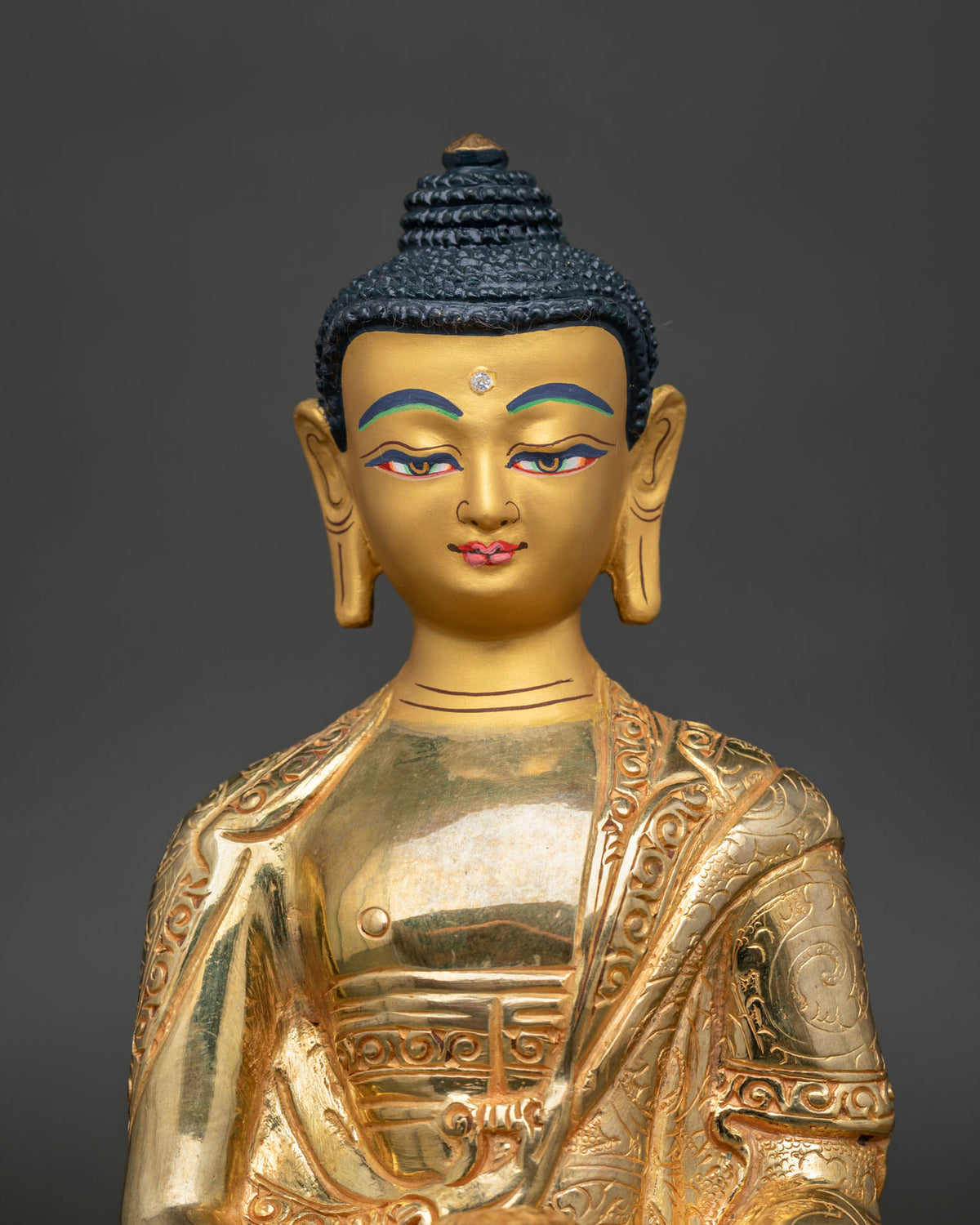 Amitabha Buddha statue gold painted face hand carved lotus pedestal.