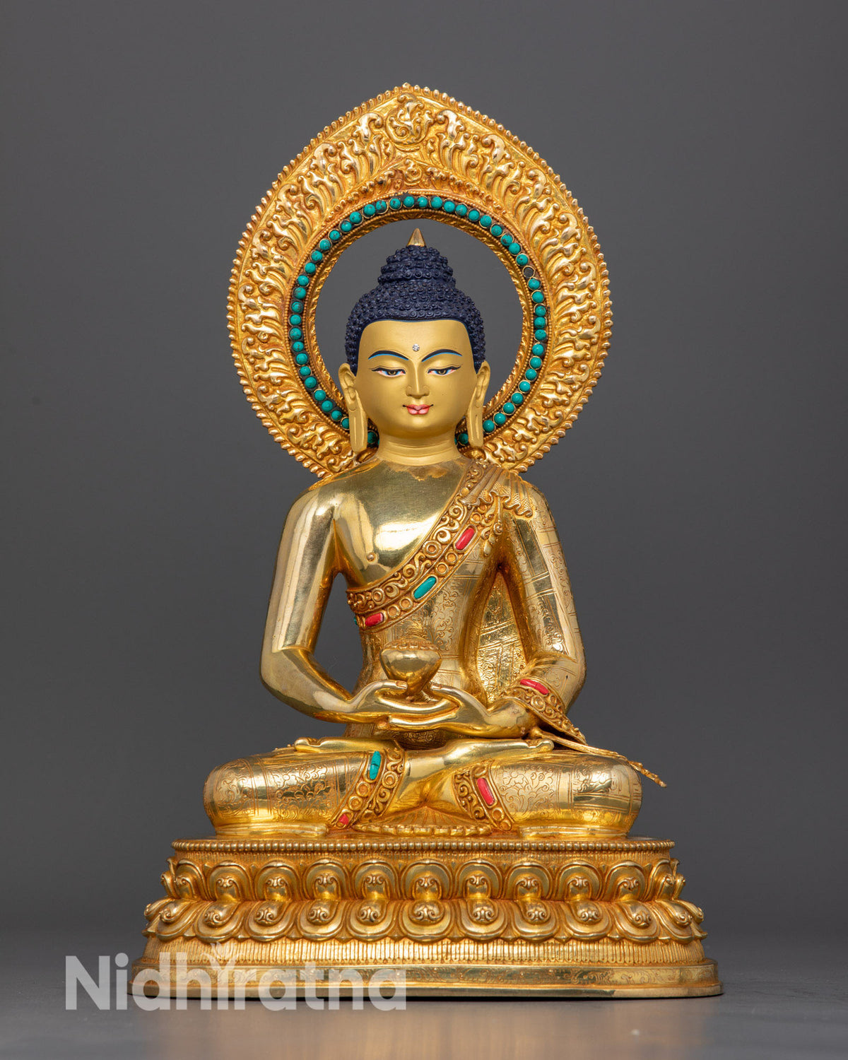 Amitabha Buddha statue handcrafted by Newari artisans in Patan, Nepal with 24K gold fire gilding and semi-precious stones