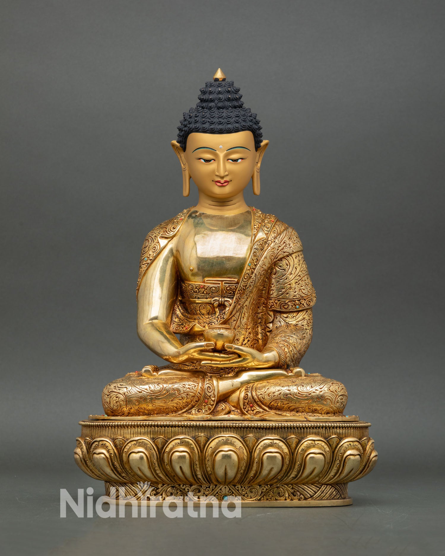 Amitabha Buddha statue, handcrafted in Nepal, copper fire-gilded gold, seated in meditation on a lotus pedestal