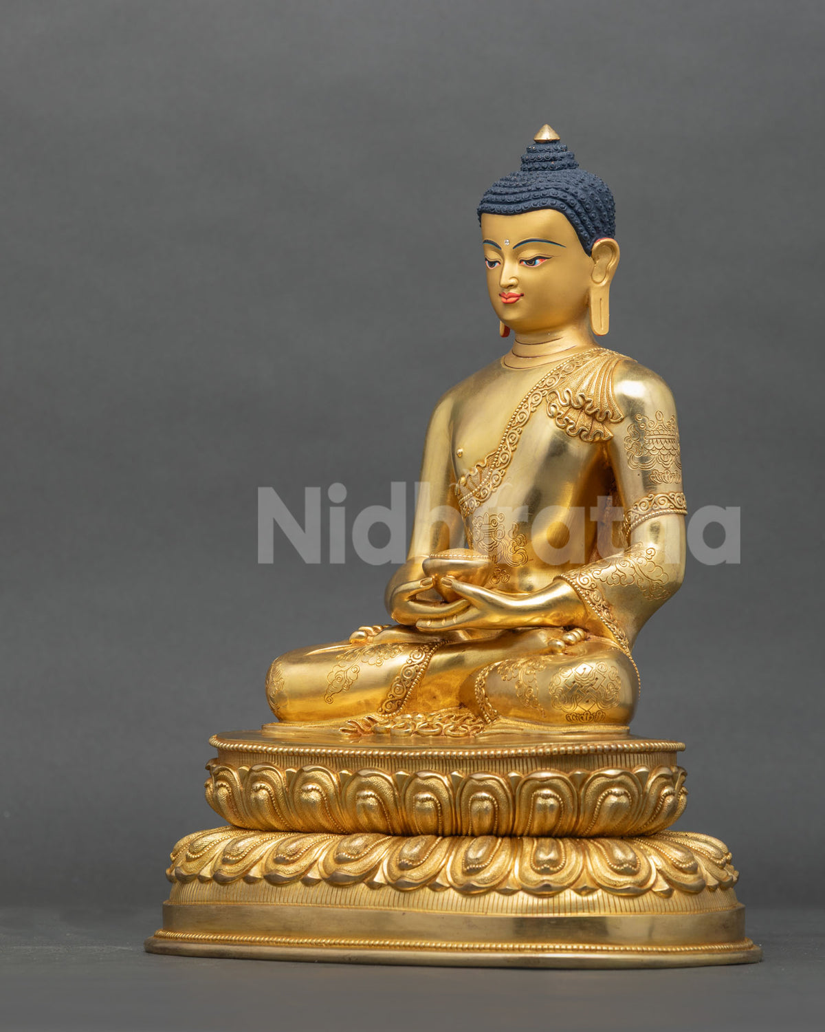 Amitabha Buddha Statue left side view double lotus pedestal and robe details.