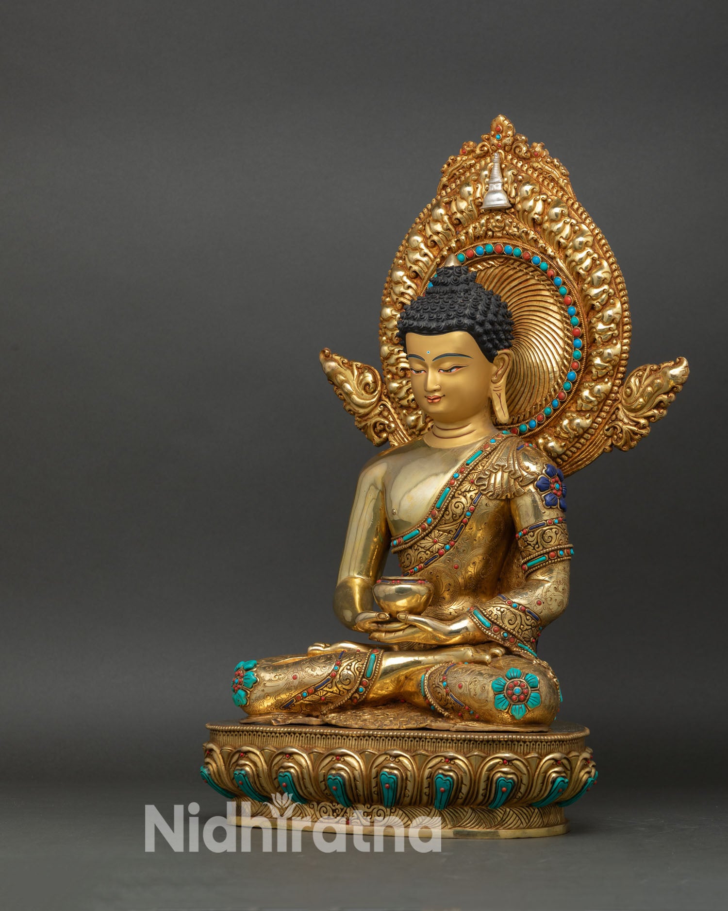 amitabha buddha statue left side view, handcrafted himalayan copper artwork
