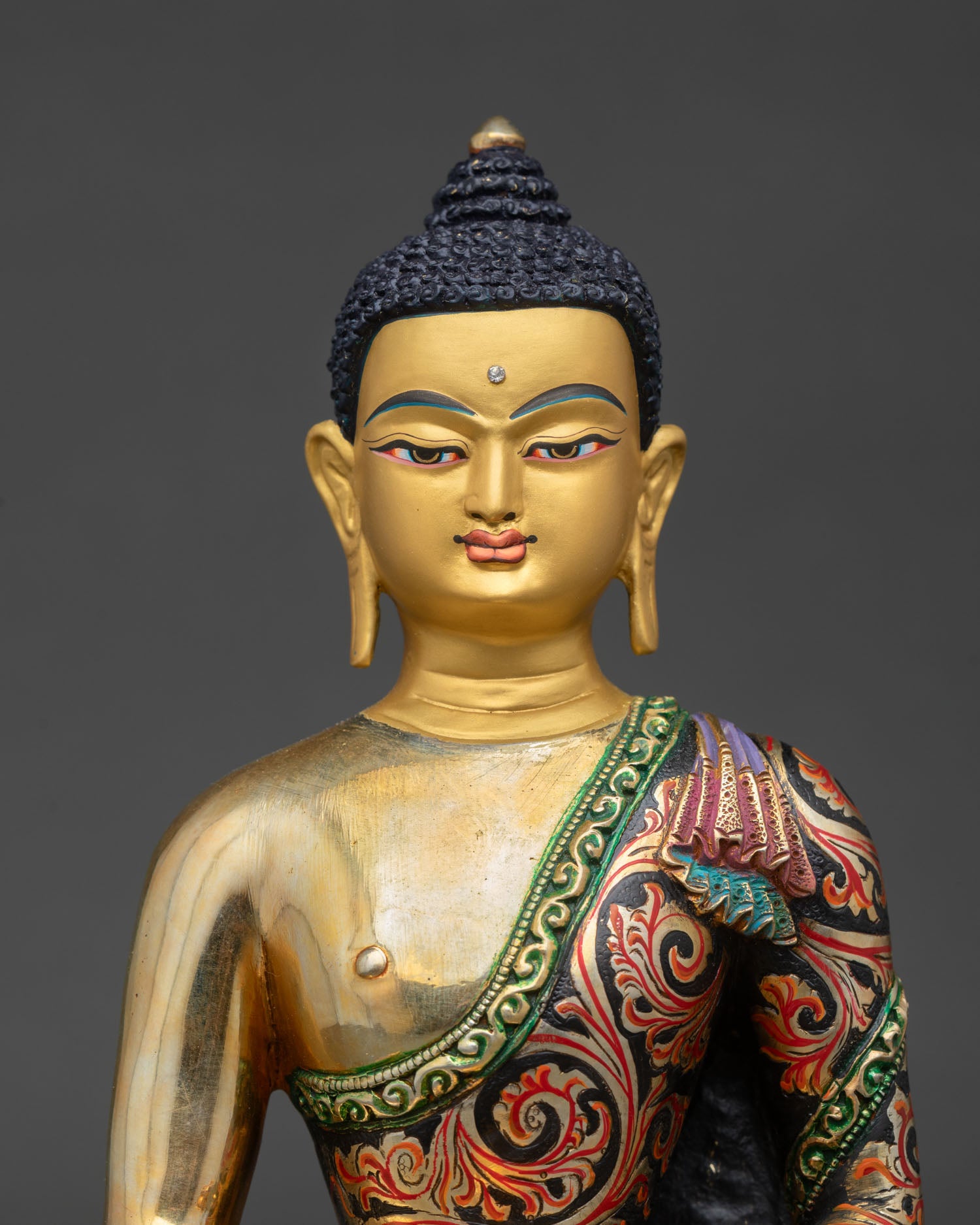 amitabha buddha statue regular close up, hand painted copper, lotus throne detail