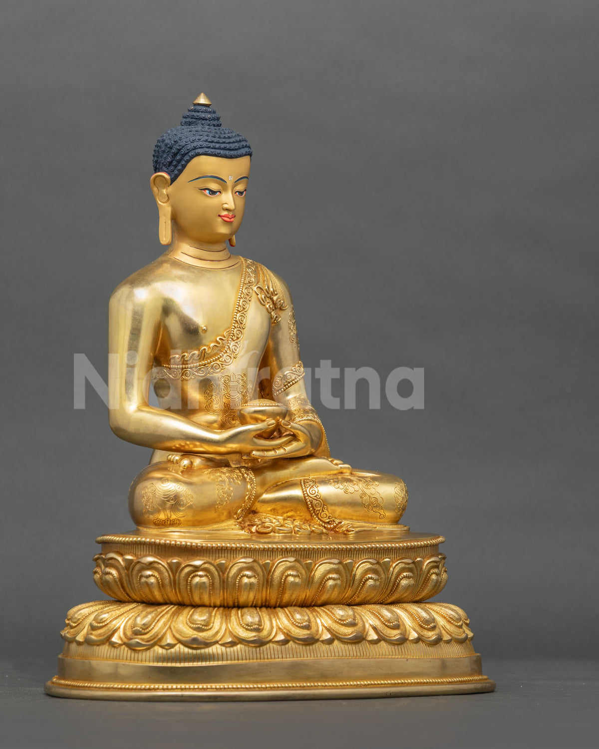 Amitabha Buddha Statue right side view Dhyana Mudra and alms bowl.