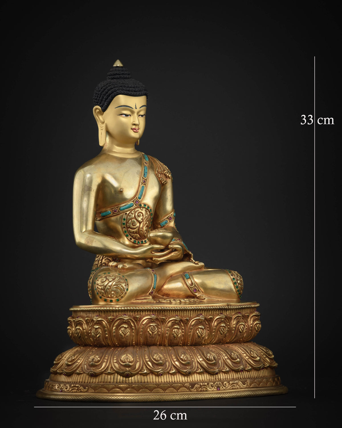 Right side view of Amitabha Buddha statue, gold fire-gilded copper sculpture