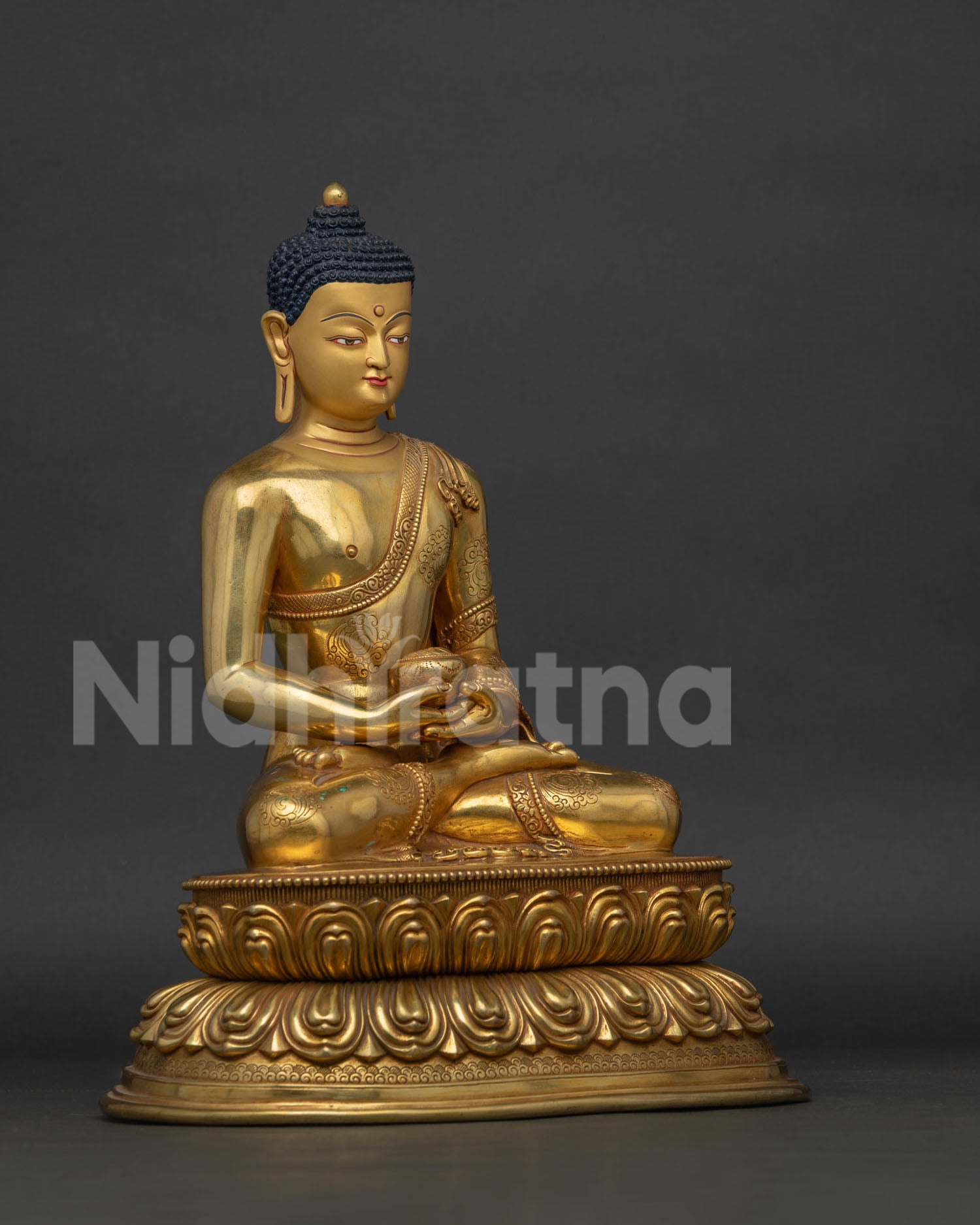 Amitabha Buddha statue right view side handcrafted copper gold gilded sculpture