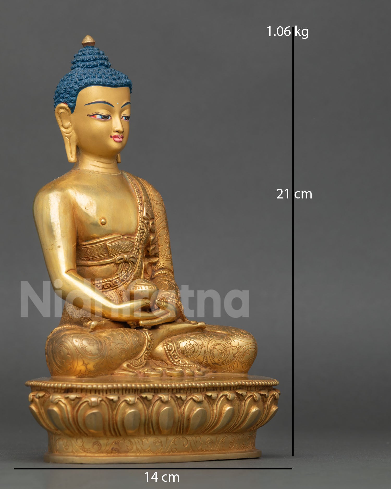 Amitabha Buddha statue seated lotus throne serene meditation posture Dhyana Mudra copper gold gilded Himalayan Buddhist altar sculpture Nepal