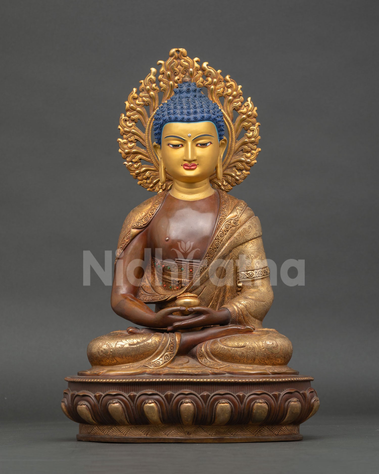 Amitabha Buddha statue seated on lotus, oxidized copper body with gold face Nepal handmade Buddhist art