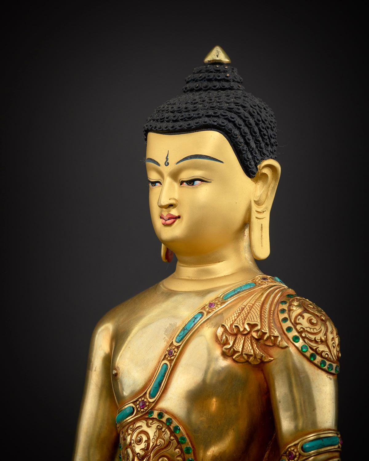 Side close-up of Amitabha Buddha statue, dhyana mudra and alms bowl detail