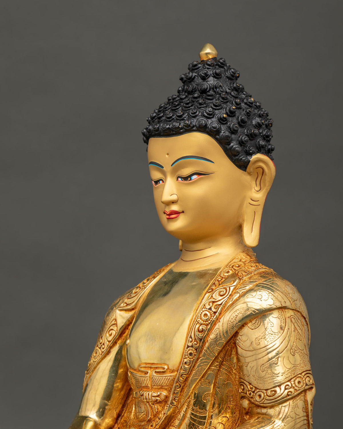 Amitabha Buddha statue side close up Dhyana Mudra lotus pedestal.