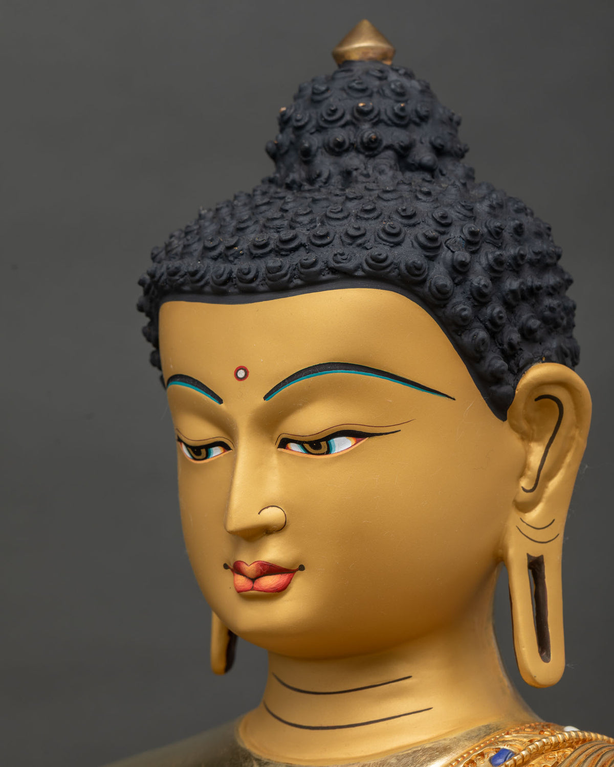 Amitabha Buddha Statue side profile face close-up with aureole detail