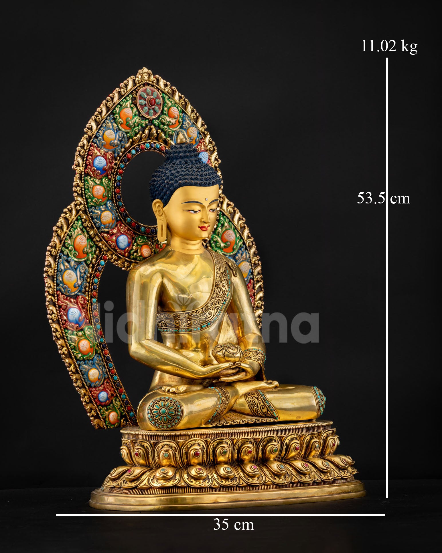 Amitabha Buddha statue side view, 53.5cm tall, 35cm wide, 11.02kg, stone-inlaid halo, Nepal