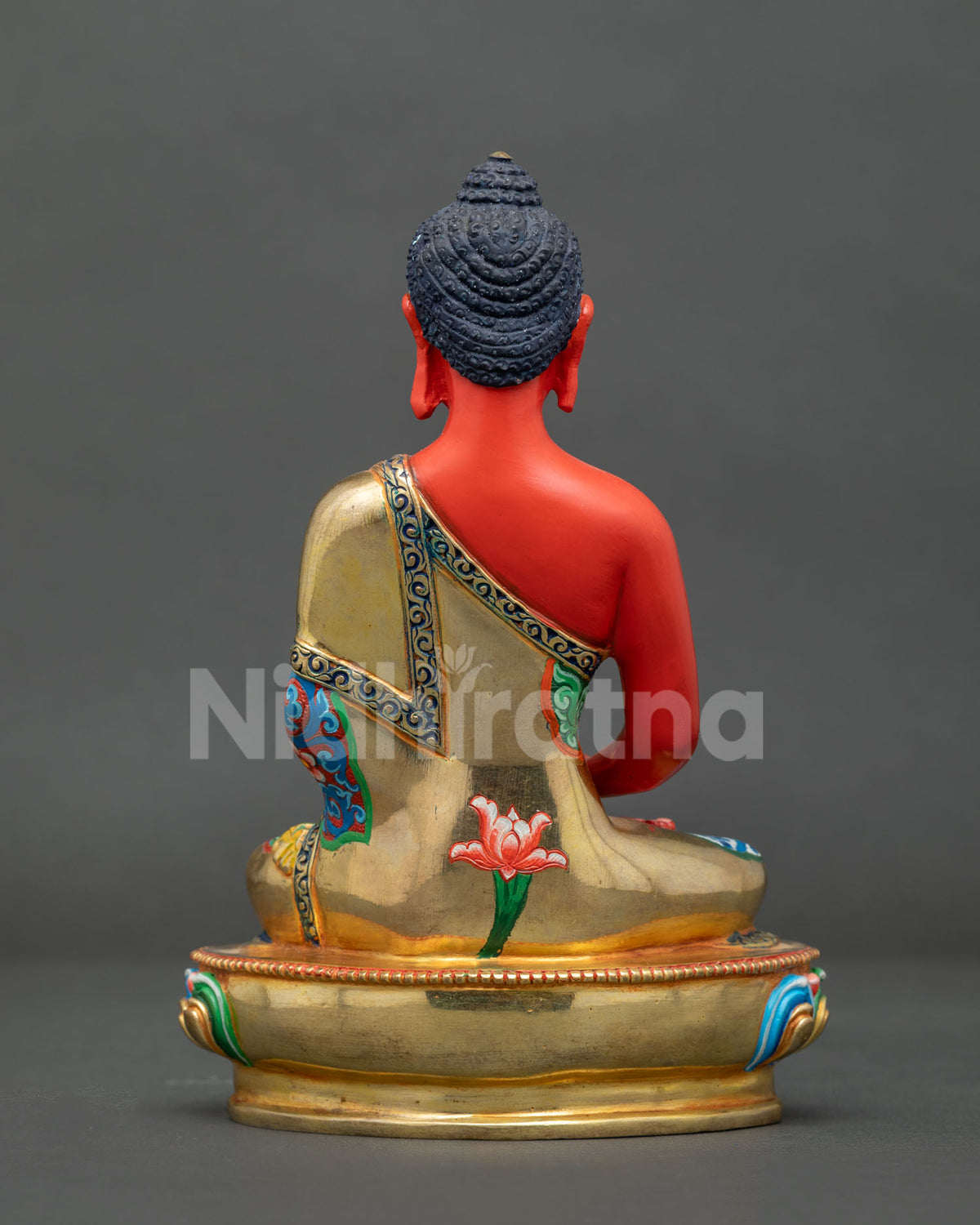 Amitabha Buddha statue side view copper multicolor lotus pedestal Newari art.