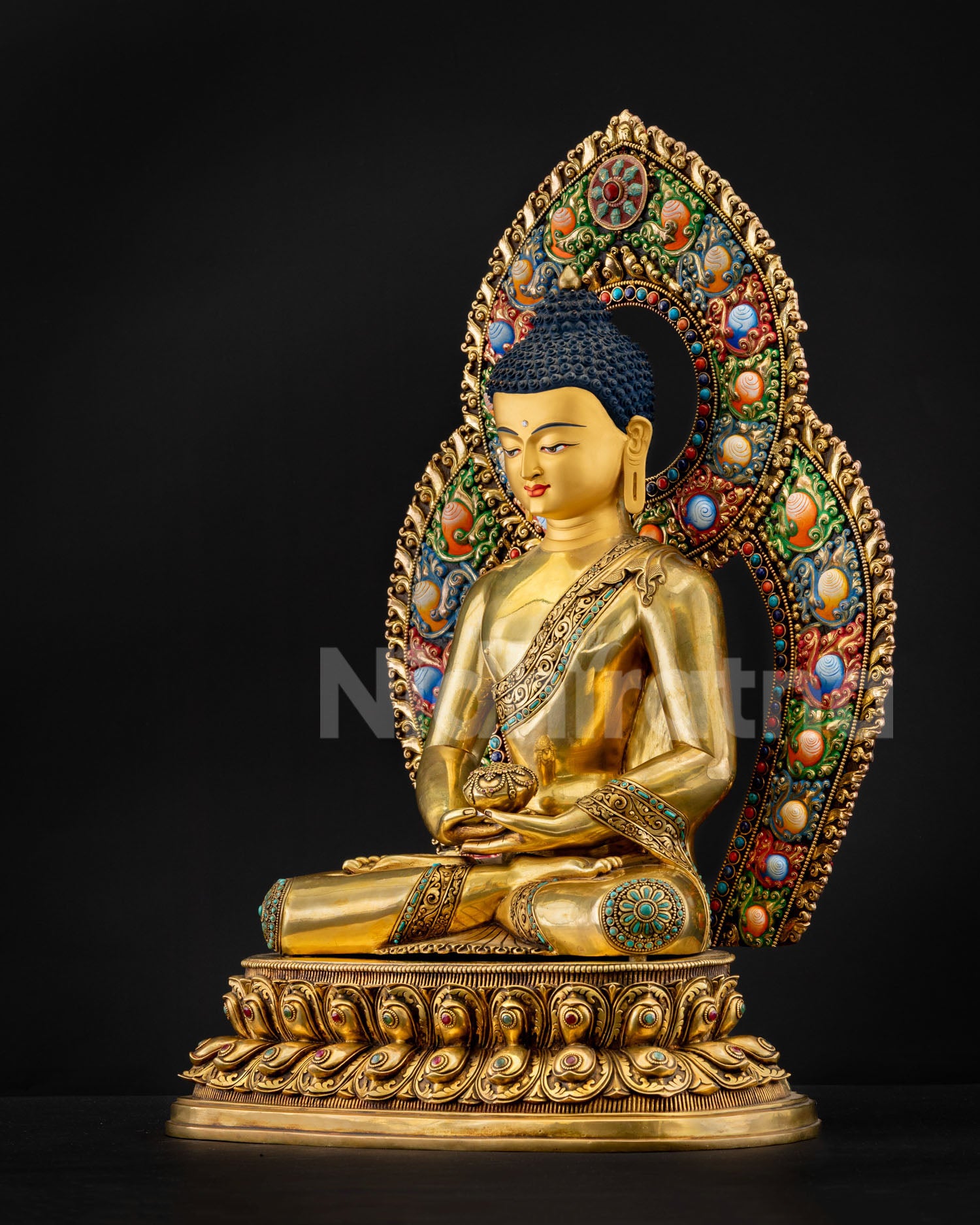 Amitabha Buddha statue side view, hand-painted floral halo, double lotus pedestal, gold copper Nepal