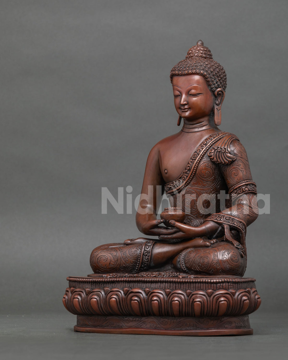 Amitabha buddha statue side view handcarved robe and meditation posture