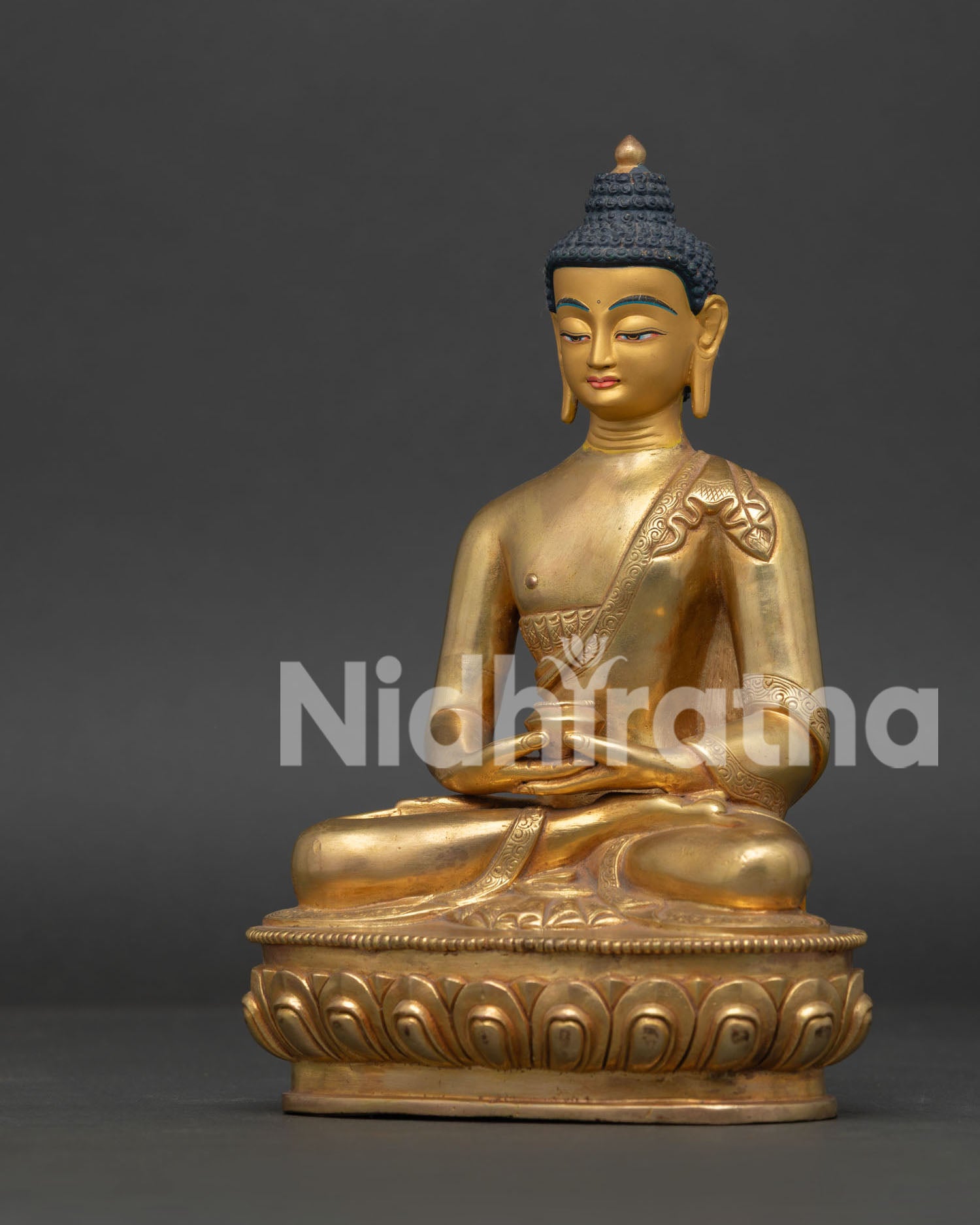 Amitabha Buddha Statue Side View on Double Lotus Pedestal in Dhyana Mudra.