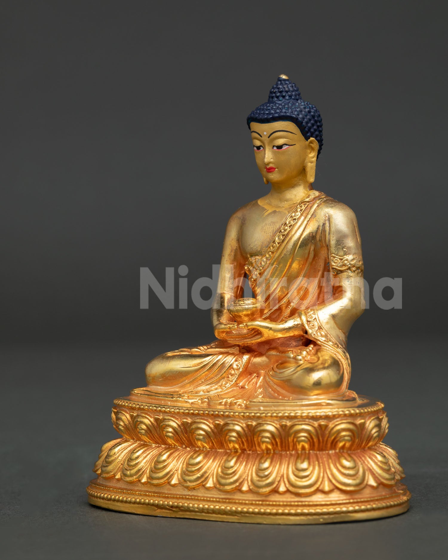 Amitabha Buddha statue side view showing Dhyana Mudra, ornate robe and lotus pedestal.