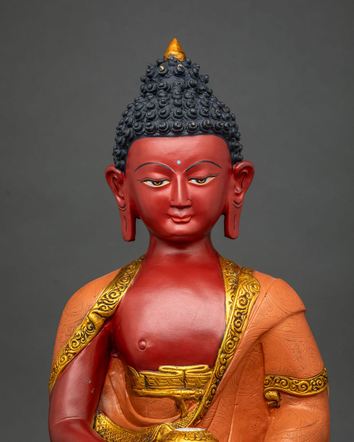 Amitabha Buddha statue with acrylic painted finish and floral robe.