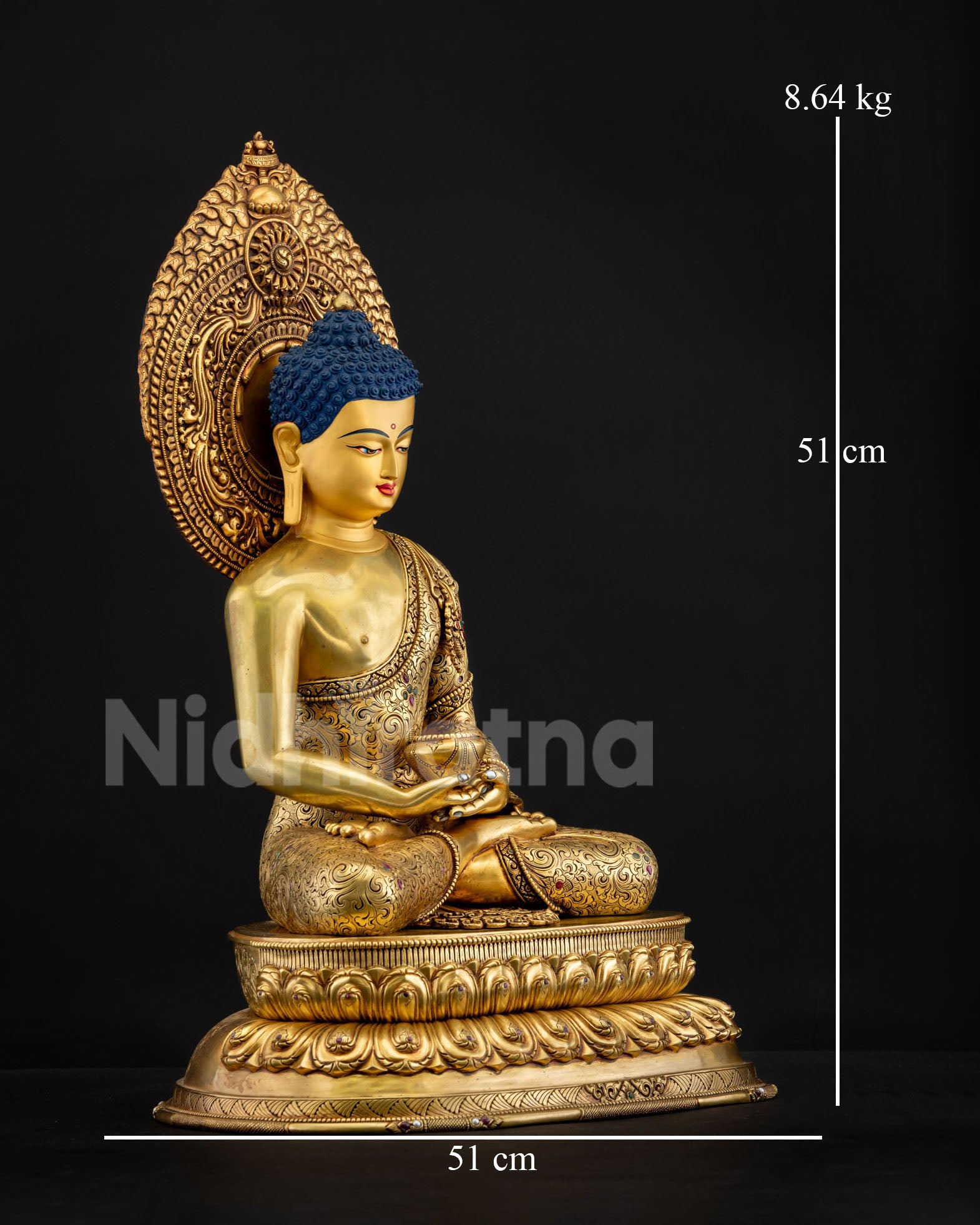 Amitabha Buddha statue with dimensions shown, height 54 cm and weight 8.04 kg, gold fire‑gilded copper