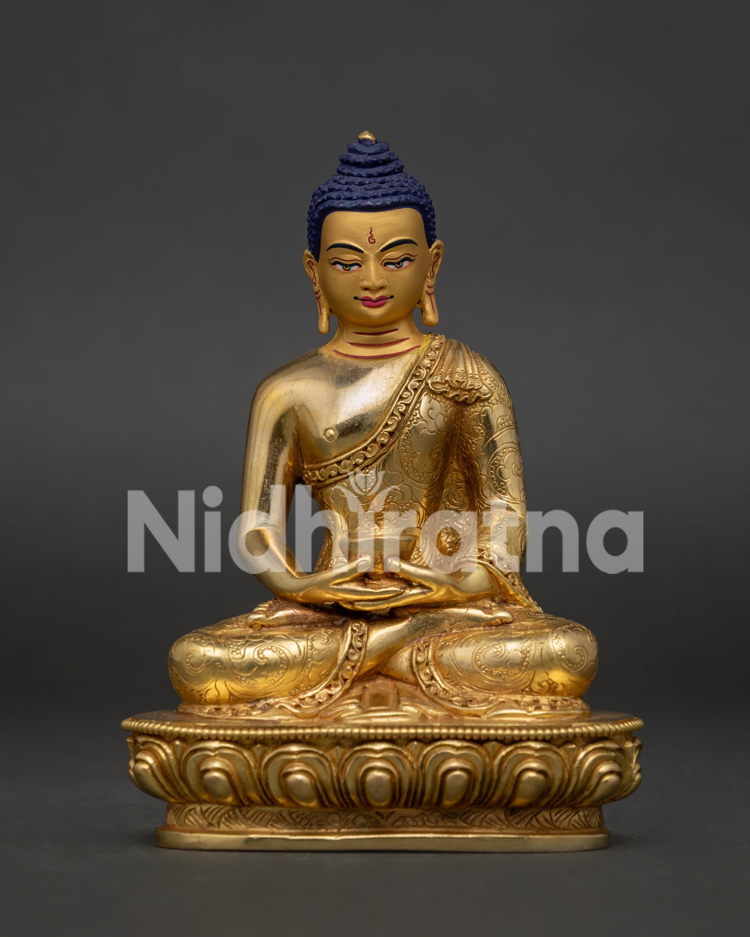Amitabha Buddha Statue with Serene Gold Painted Face and Intricate Details