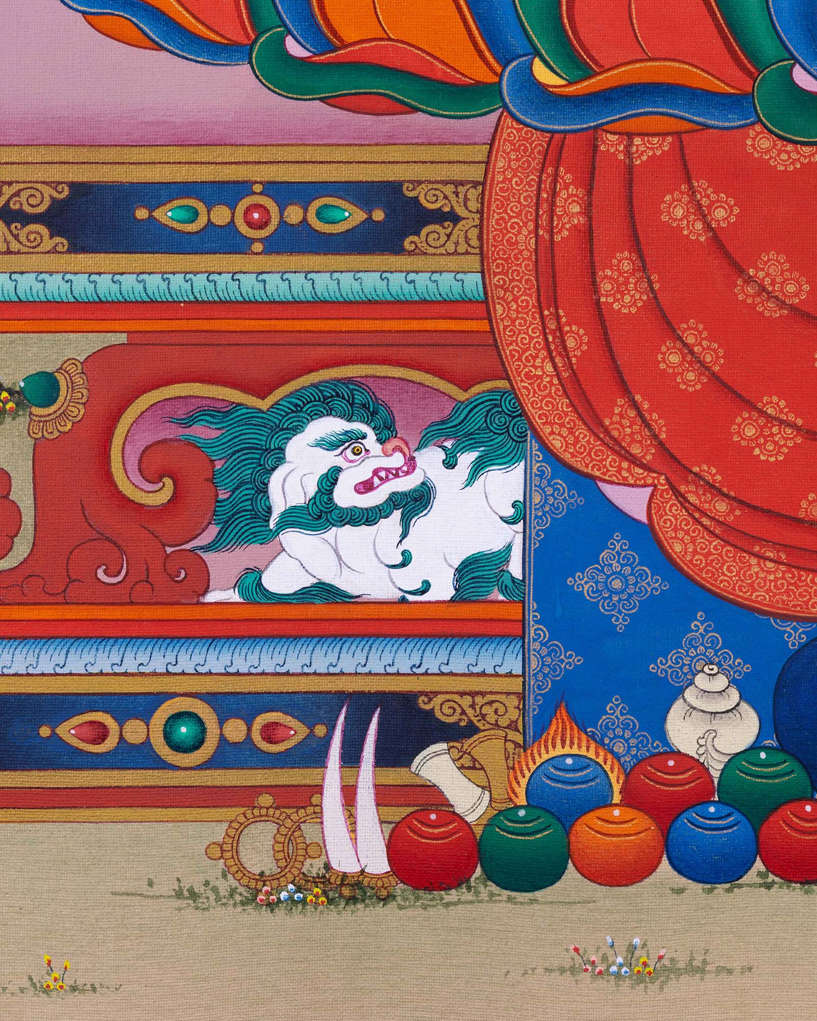 Amitabha Buddha Thangka Print close-up of snow lions, offerings, and traditional Tibetan art details