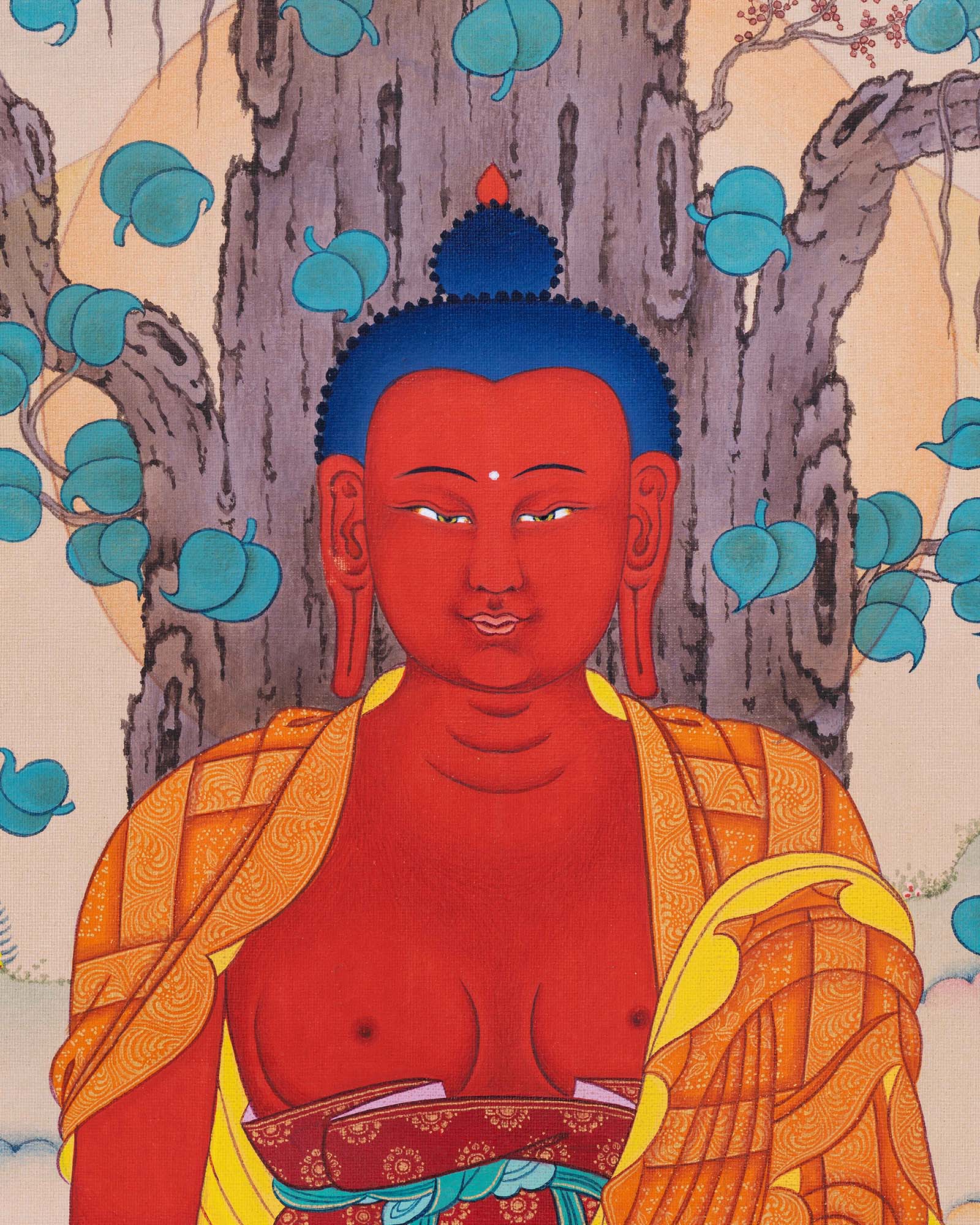 Amitabha Buddha Thangka Print close-up showing serene face, meditation pose, and monastic robes