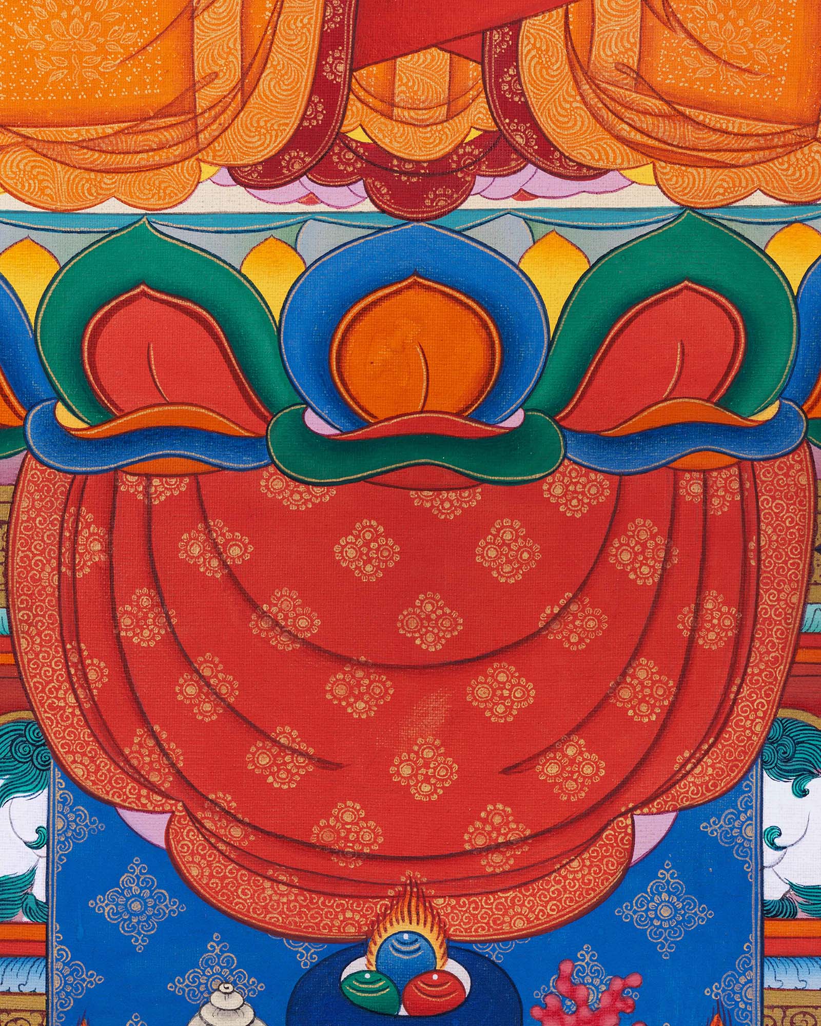 Amitabha Buddha Thangka Print lotus throne detail with colorful petals and sacred Buddhist symbolism