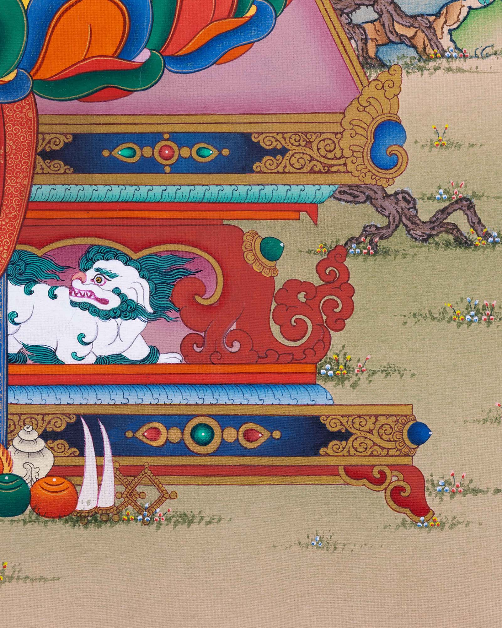 Amitabha Buddha Thangka Print side detail showing altar base with snow lions and sacred decorations