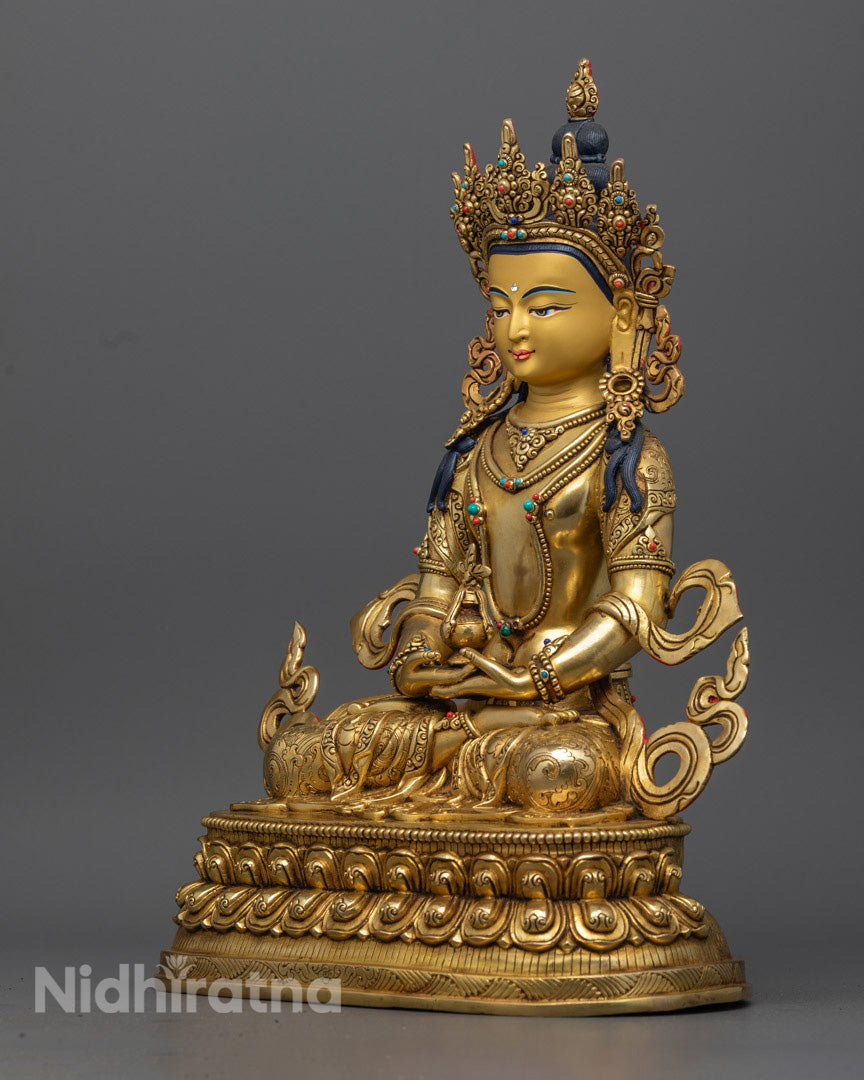 Amitayus Statue in Copper Alloy, Gold-Plated Face, and Dhyana Mudra