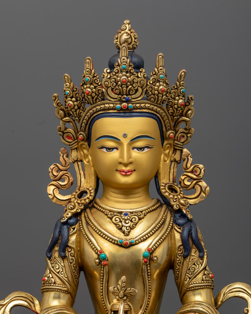 Amitayus Statue, Gold on Copper, Handcrafted Using Lost Wax Method