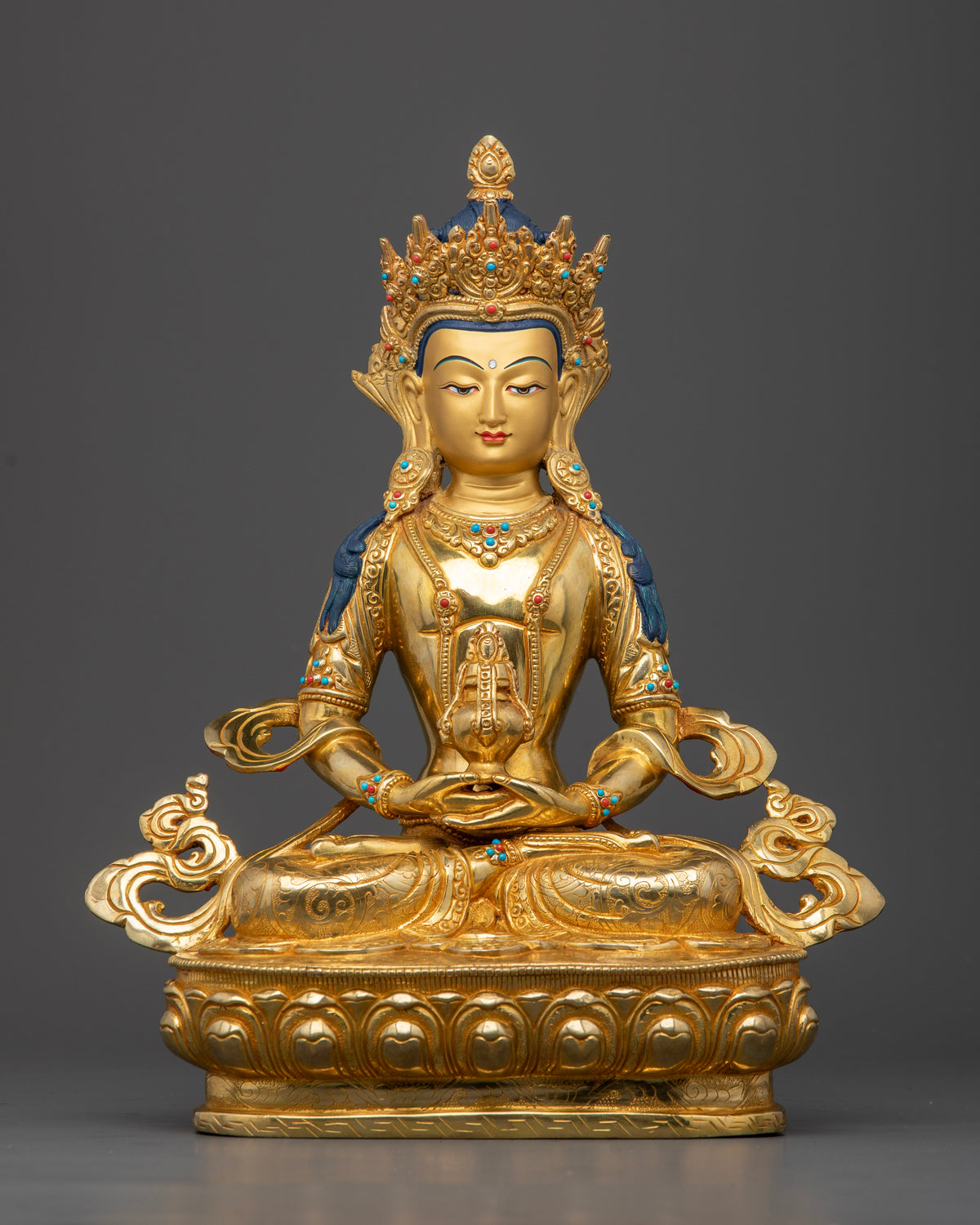 Amitayus Buddha Statue with 24K gold fire gilding and semi-precious stones handcrafted in Nepal