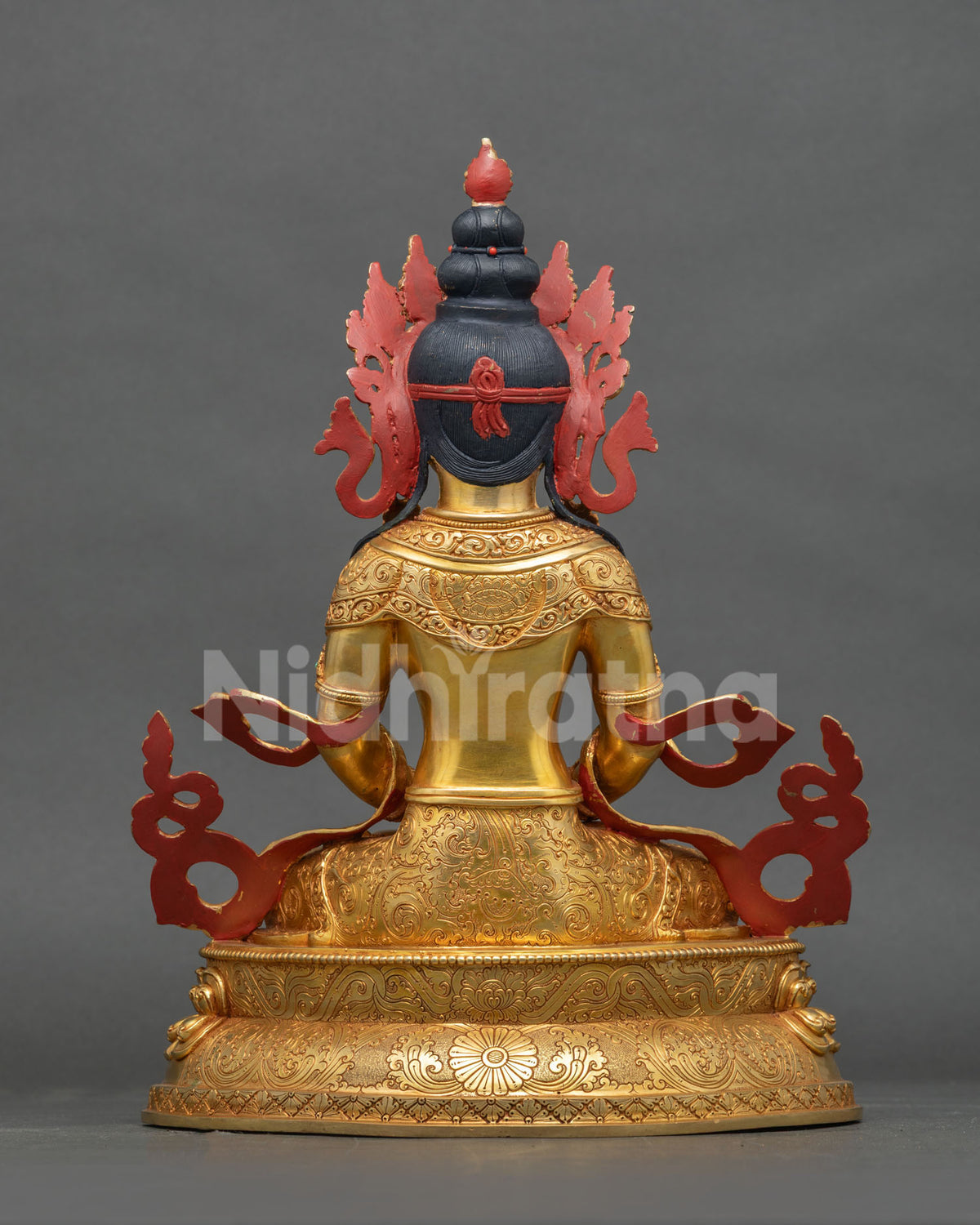 Amitayus Buddha Statue back view gold gilded copper celestial jewelry Newari art.