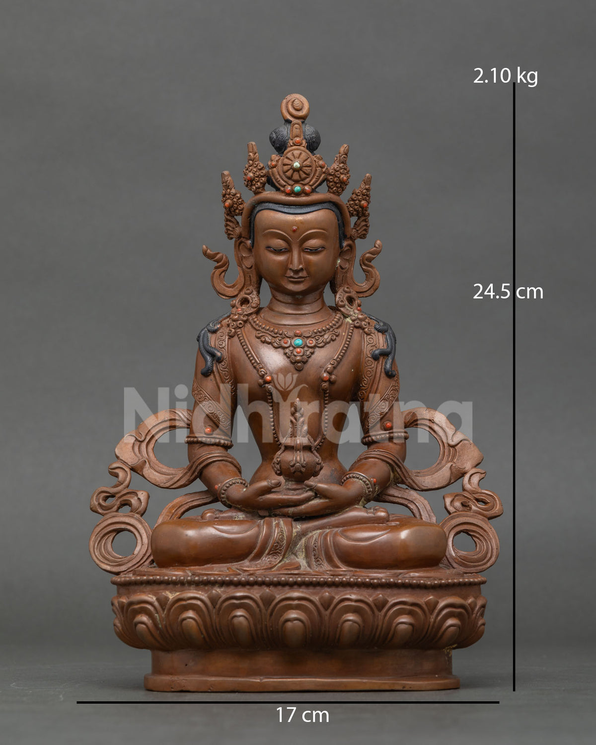 Amitayus Buddha statue chemically oxidized copper Newari Patan Nepal.