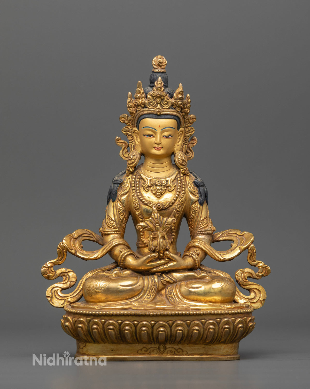Amitayus Buddha statue made from copper with gold fire gilding and a 24K gold face.