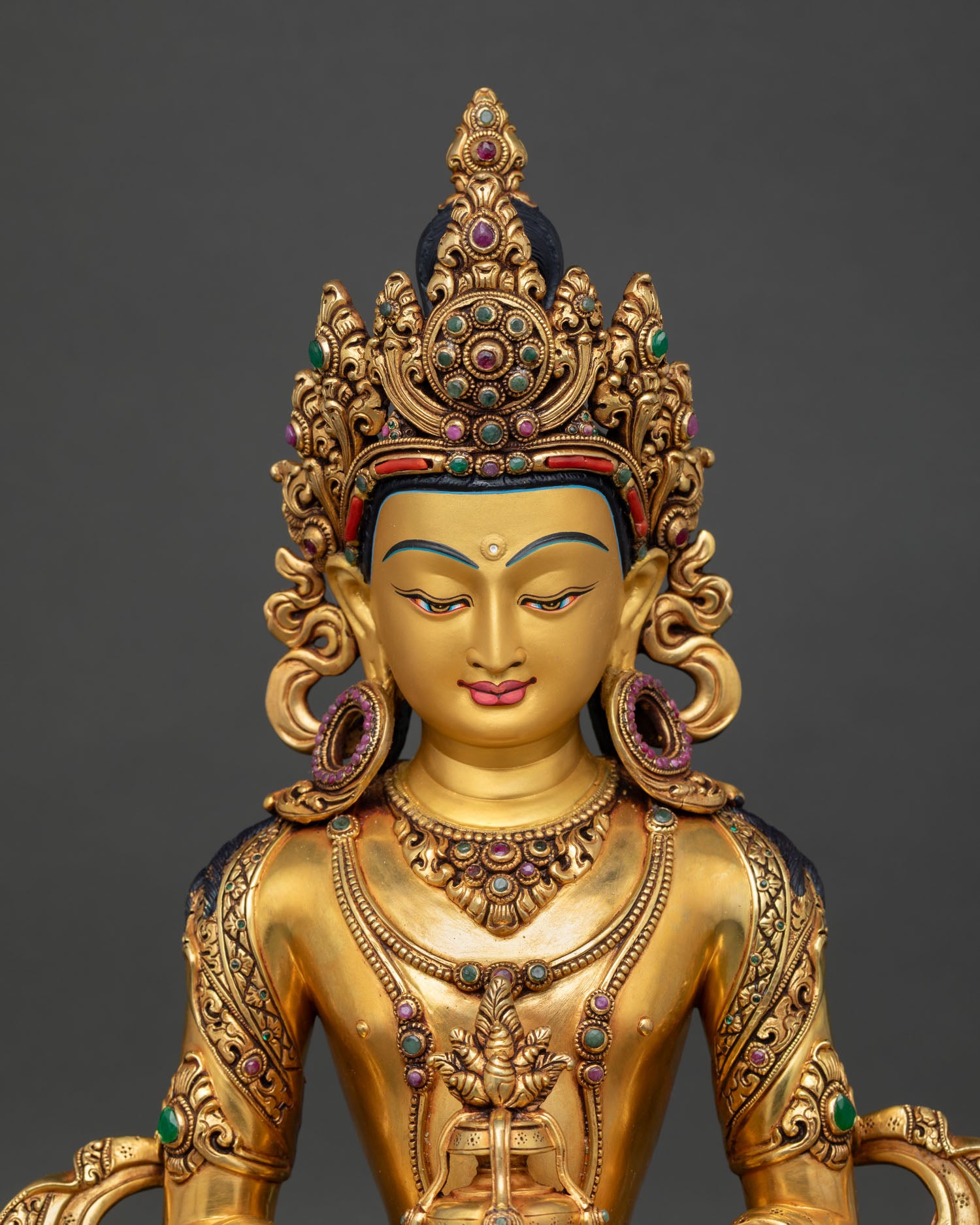 Regular Close Up: Amitayus Buddha Statue Detail View Copper Gold Fire Gilding Turquoise Coral Jewels