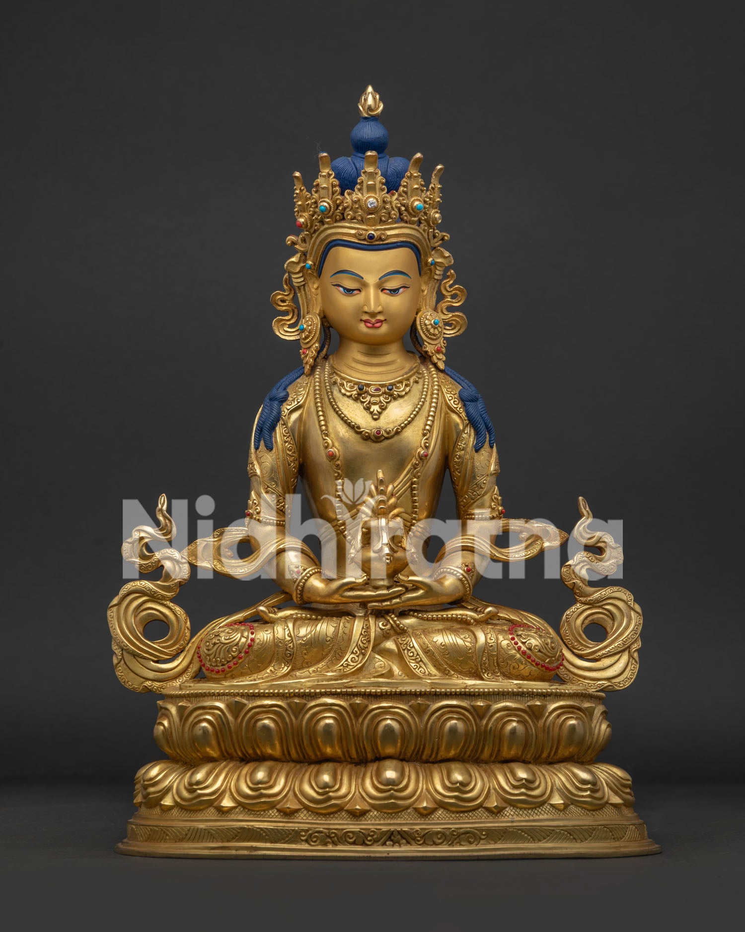 Amitayus Buddha Statue front view handcrafted Nepalese copper sculpture