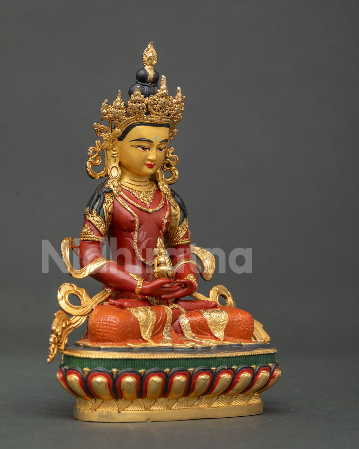 Amitayus Buddha statue jewel studded crown celestial ornaments.