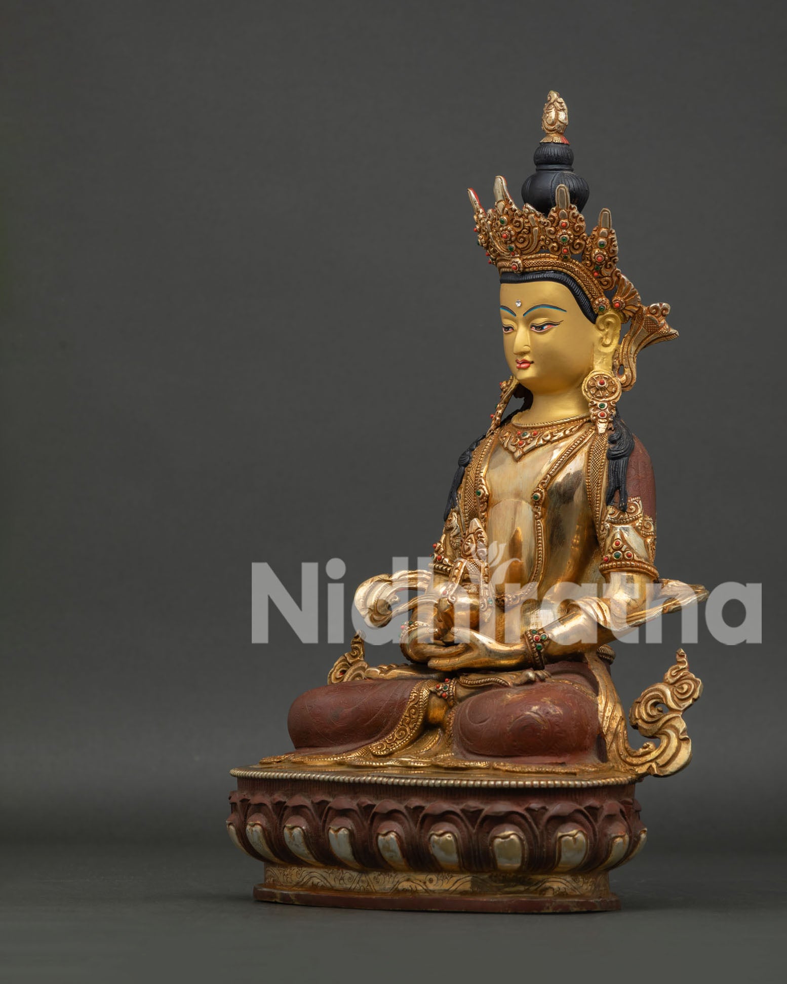 Amitayus Buddha statue left side close up showing acrylic painted details and Long Life Vase.