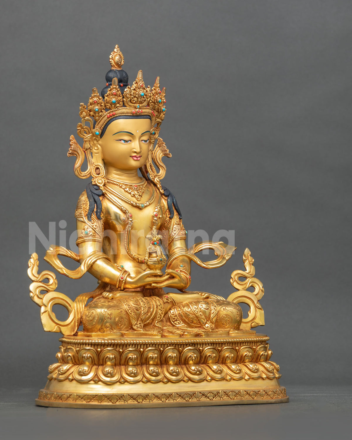 Amitayus Buddha Statue right side view Kalasha vase double lotus pedestal.