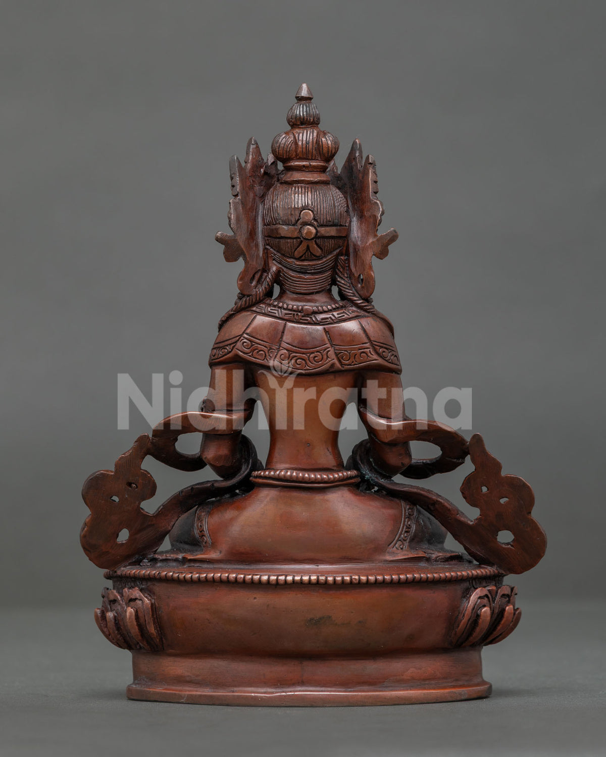 Amitayus copper statue for buddhist altar meditation space and spiritual practice.