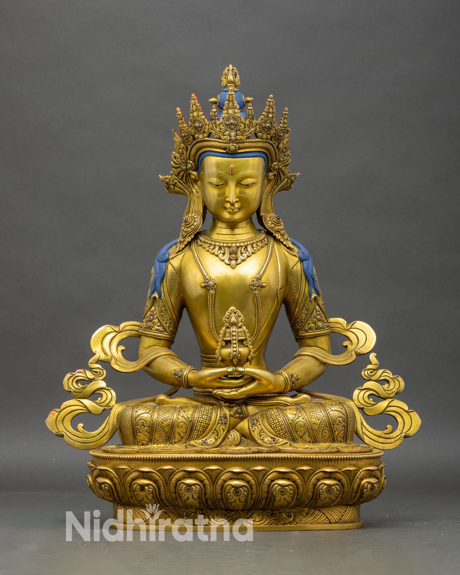Amitayus long life Buddha statue front view, copper body with 24K gold fire gilding and lotus throne