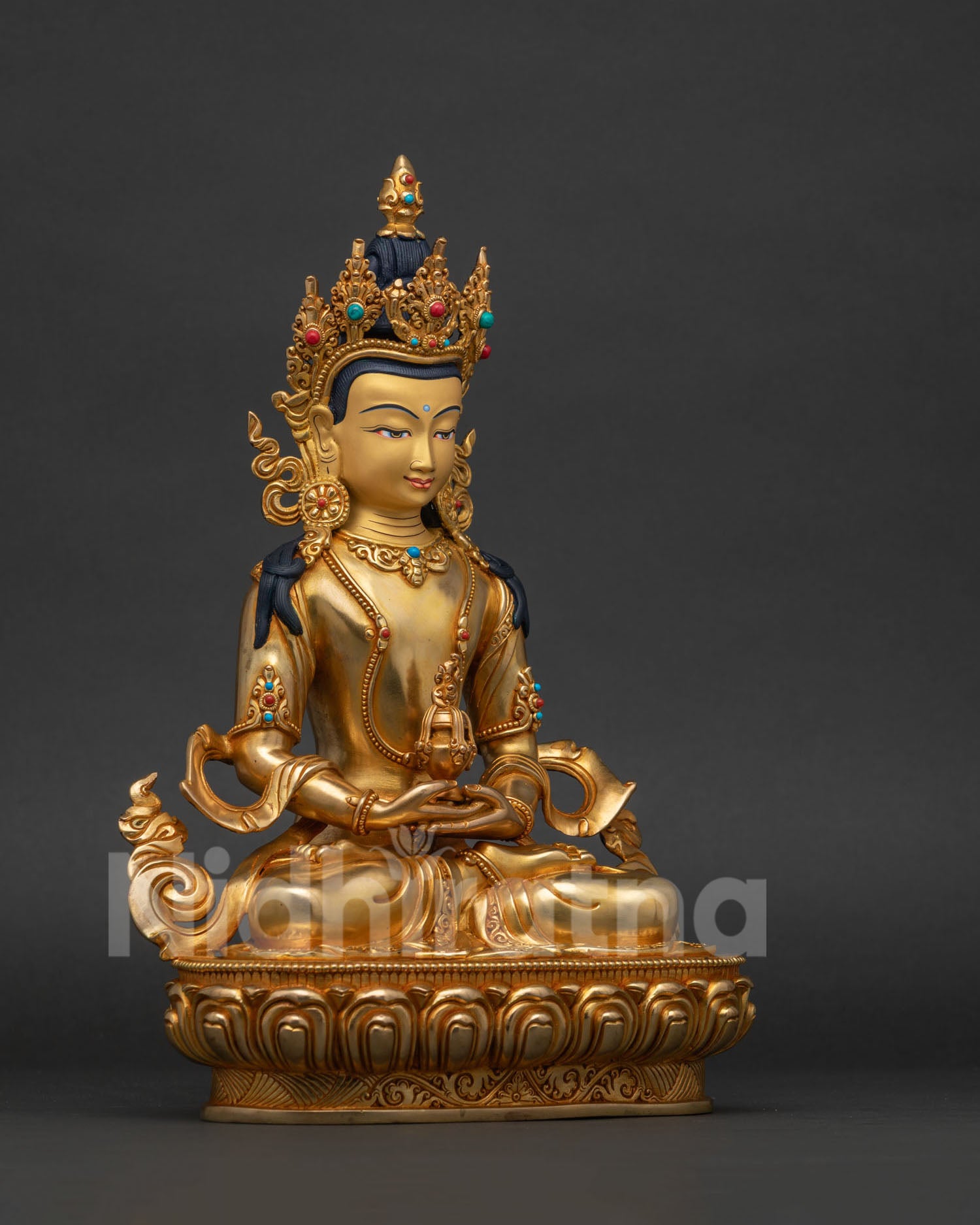 Amitayus Long Life Buddha statue, right side view, hand-carved gold Nepal statue
