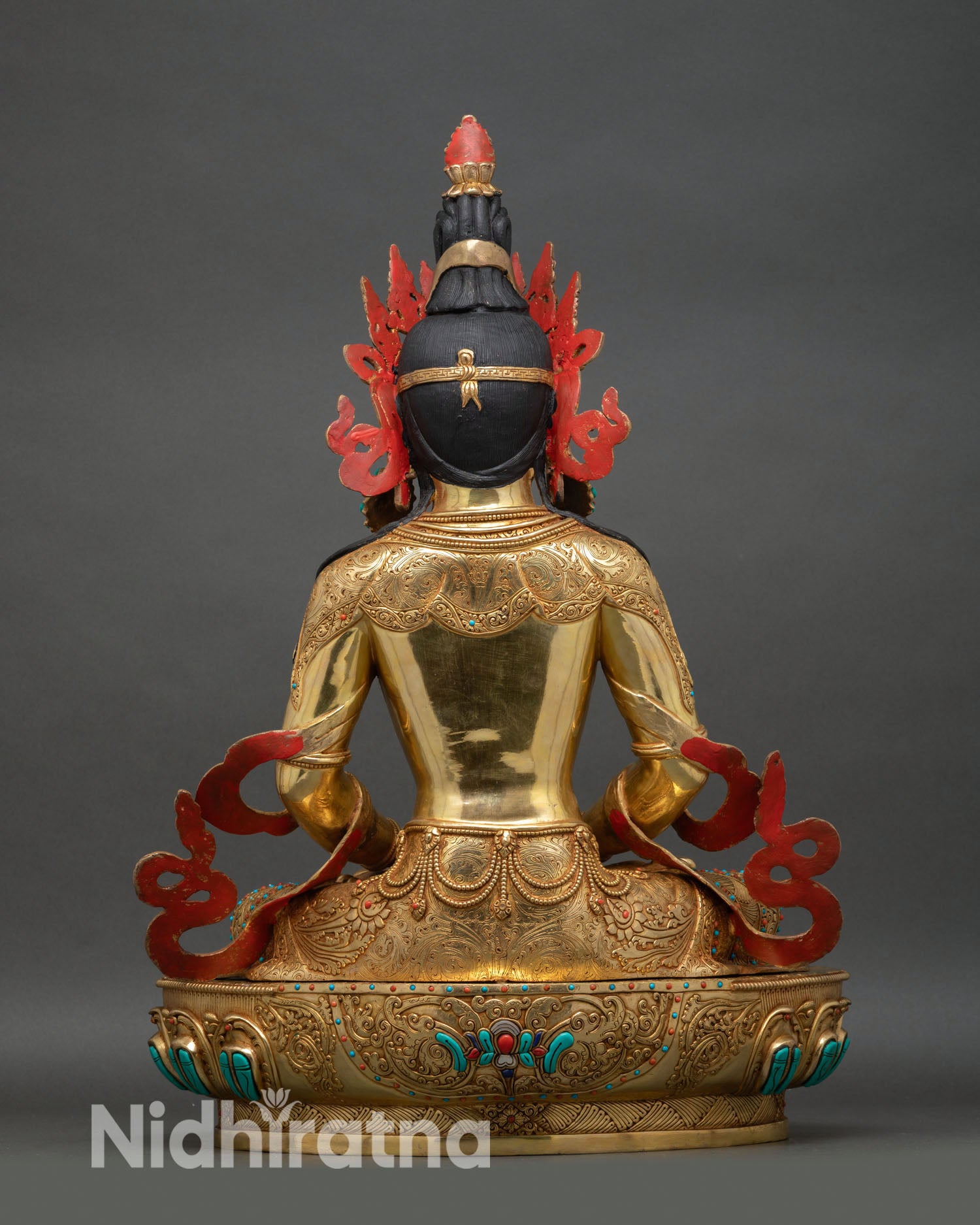 Amitayus statue back view, detailed lotus throne carving, copper gilded Himalayan sculpture Nepal