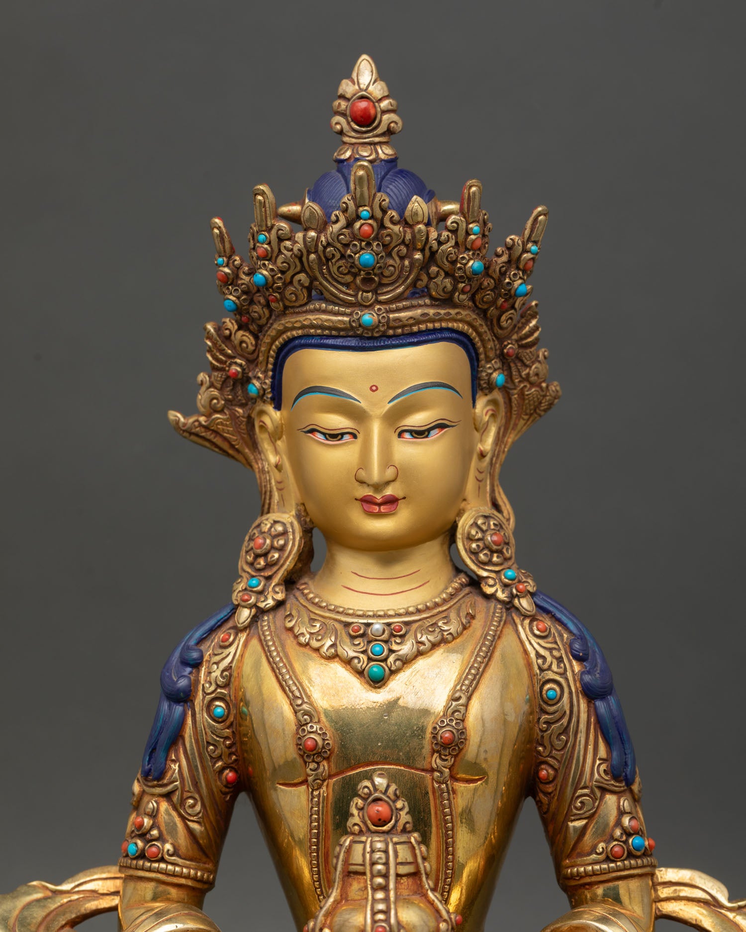 Amitayus Statue Close-Up, Handcrafted Buddhist Sculpture with Intricate Gold Details