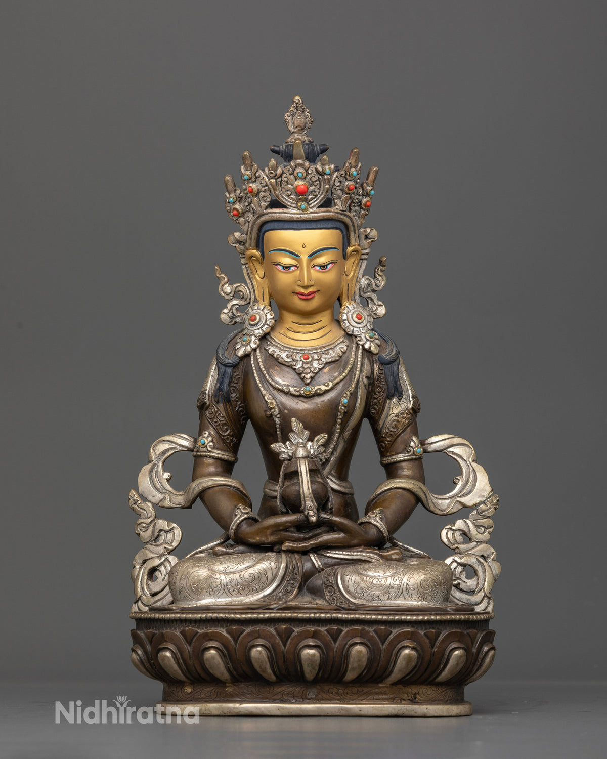Amitayus Statue in Copper with Oxidized Silver Plated Finish from Nepal