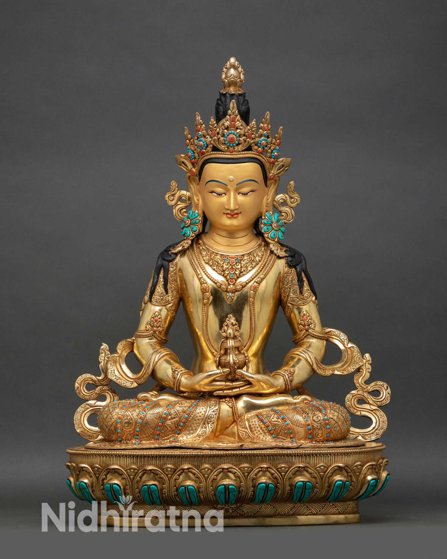 Amitayus statue front view, copper gold gilded Tibetan Buddhist art Nepal