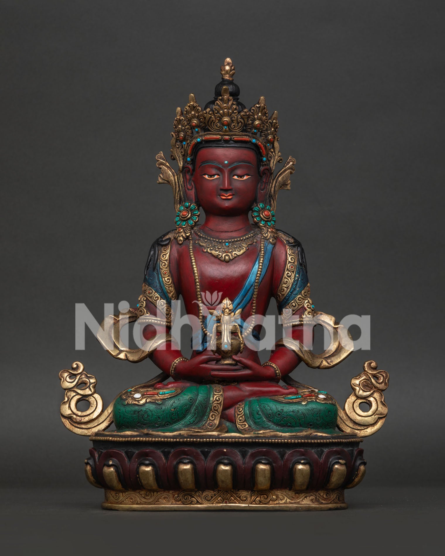 Amitayus Statue Front View Gold Gilded Copper Buddhist Sculpture from Nepal.