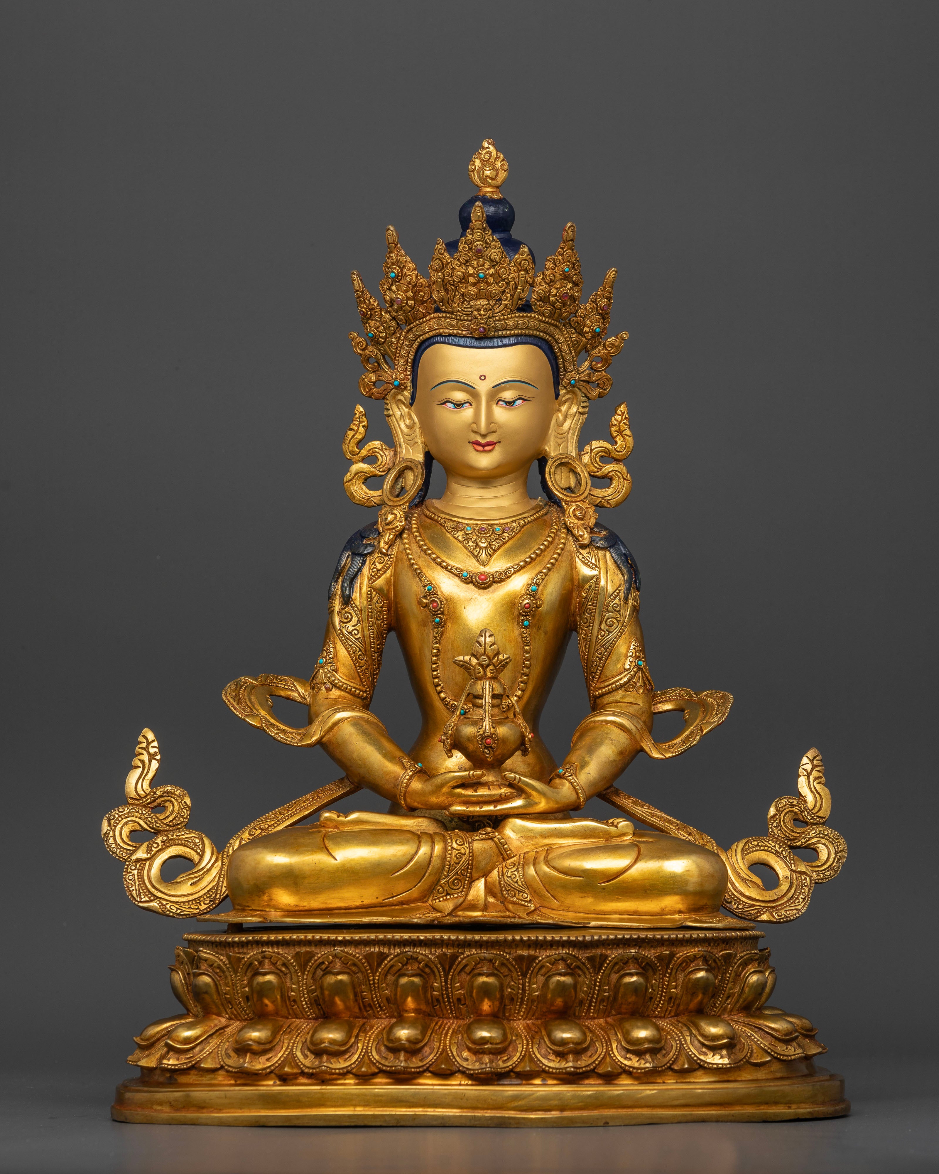 Amitayus Statue front view with 24K gold fire gilded copper and gold painted face